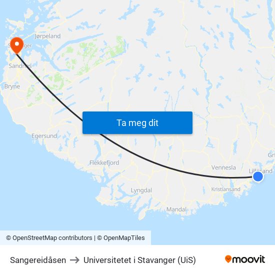 Sangereidåsen to Universitetet i Stavanger (UiS) map