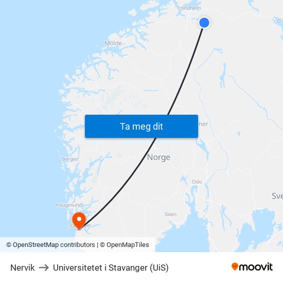 Nervik to Universitetet i Stavanger (UiS) map