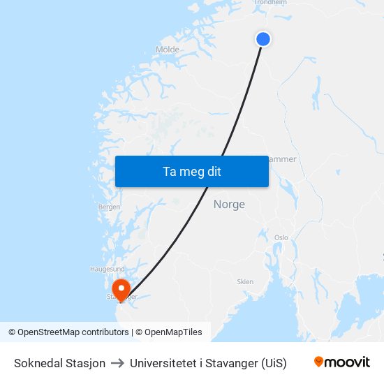 Soknedal Stasjon to Universitetet i Stavanger (UiS) map