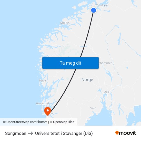 Songmoen to Universitetet i Stavanger (UiS) map