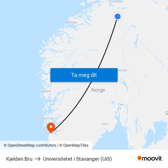 Kjelden Bru to Universitetet i Stavanger (UiS) map