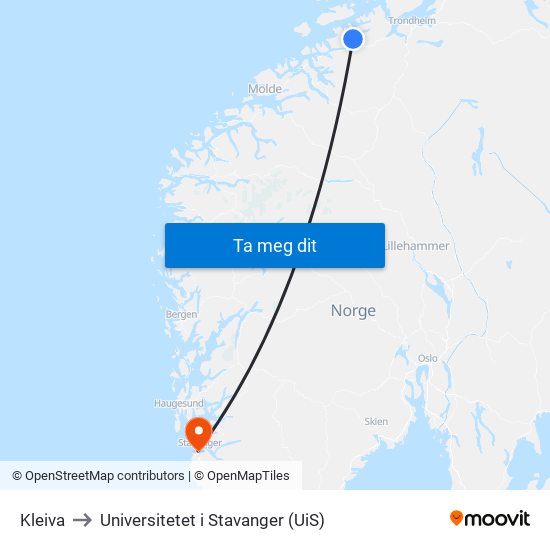 Kleiva to Universitetet i Stavanger (UiS) map