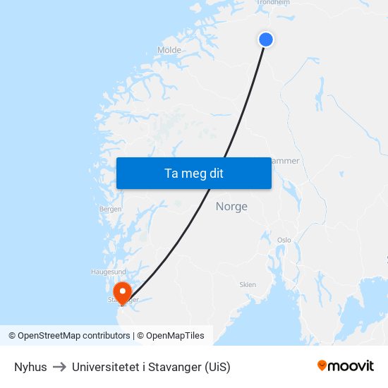 Nyhus to Universitetet i Stavanger (UiS) map