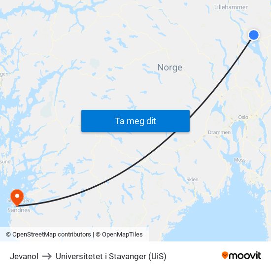 Jevanol to Universitetet i Stavanger (UiS) map