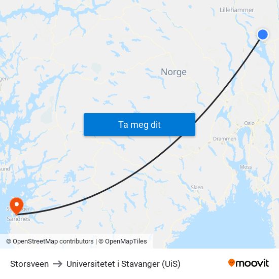 Storsveen to Universitetet i Stavanger (UiS) map
