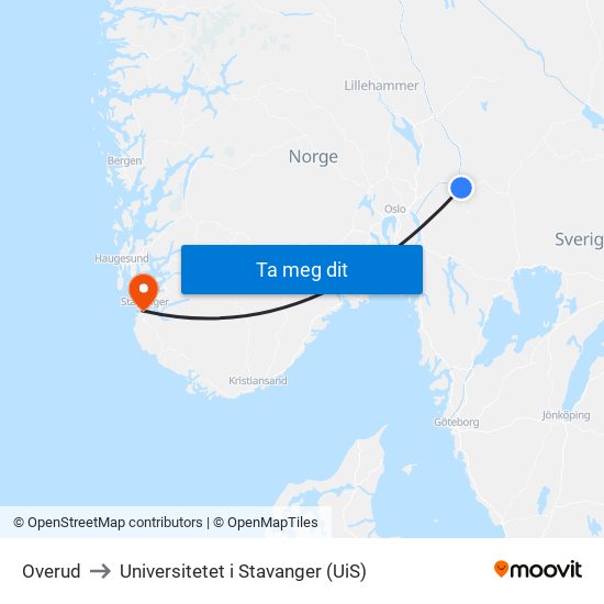 Overud to Universitetet i Stavanger (UiS) map