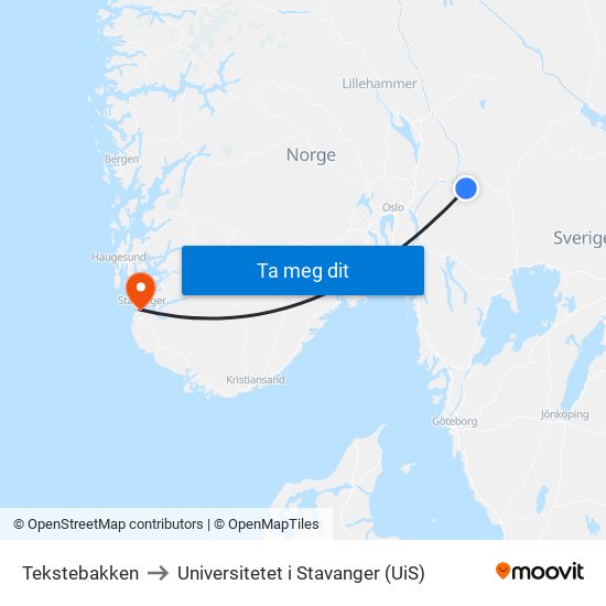 Tekstebakken to Universitetet i Stavanger (UiS) map