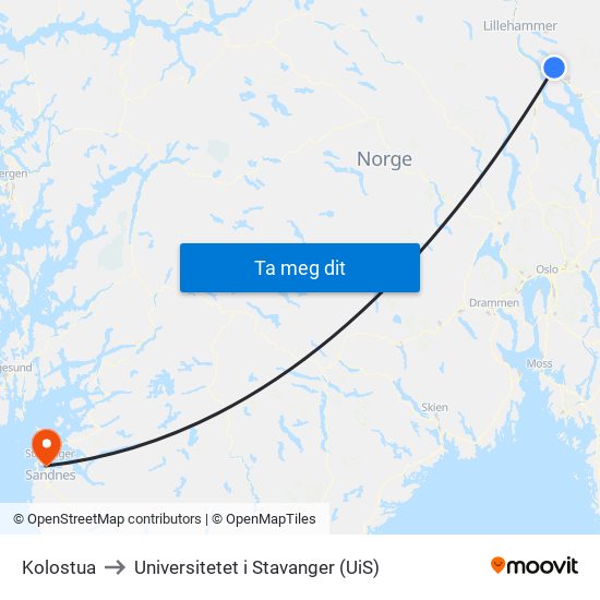 Kolostua to Universitetet i Stavanger (UiS) map