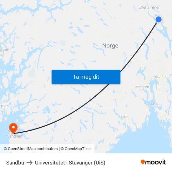 Sandbu to Universitetet i Stavanger (UiS) map