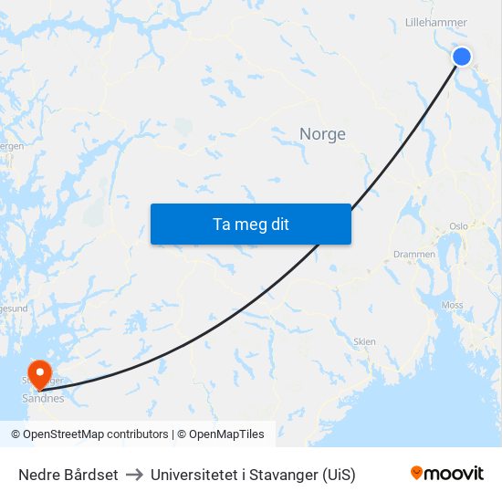 Nedre Bårdset to Universitetet i Stavanger (UiS) map