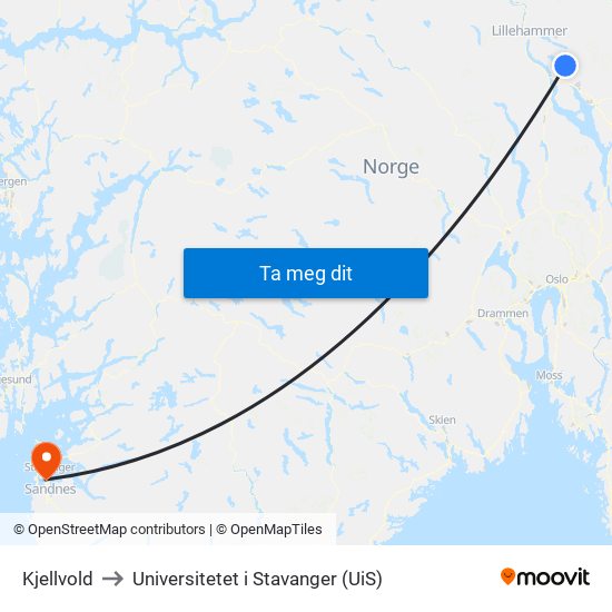 Kjellvold to Universitetet i Stavanger (UiS) map