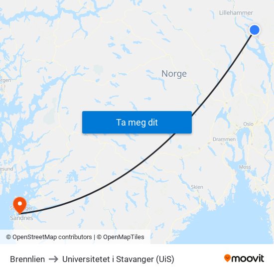 Brennlien to Universitetet i Stavanger (UiS) map