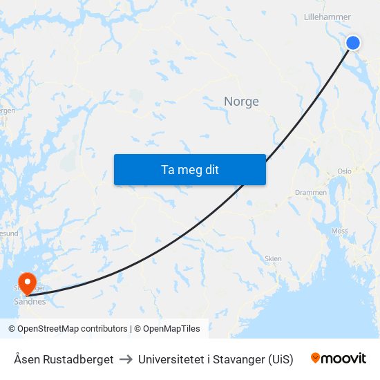 Åsen Rustadberget to Universitetet i Stavanger (UiS) map