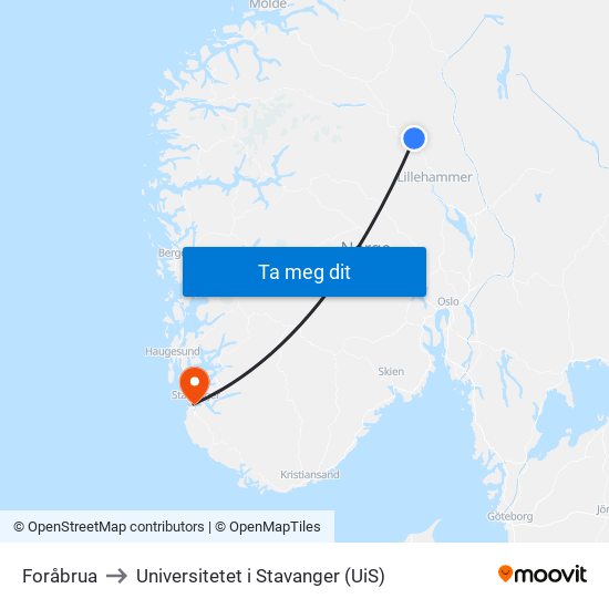 Foråbrua to Universitetet i Stavanger (UiS) map