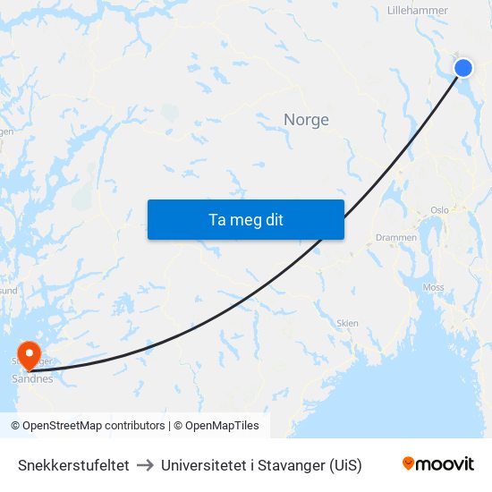 Snekkerstufeltet to Universitetet i Stavanger (UiS) map