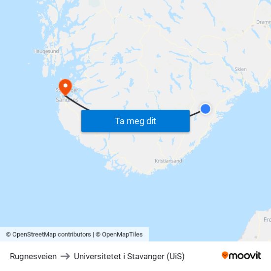 Rugnesveien to Universitetet i Stavanger (UiS) map