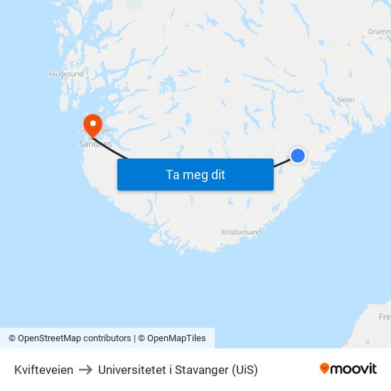 Kvifteveien to Universitetet i Stavanger (UiS) map
