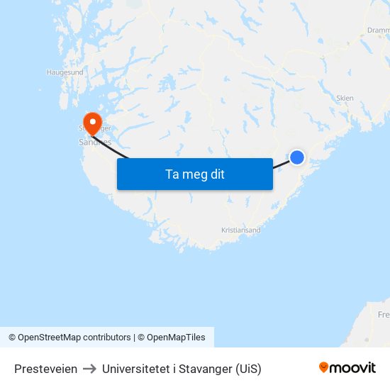 Presteveien to Universitetet i Stavanger (UiS) map