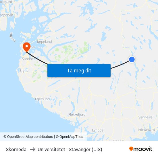 Skomedal to Universitetet i Stavanger (UiS) map
