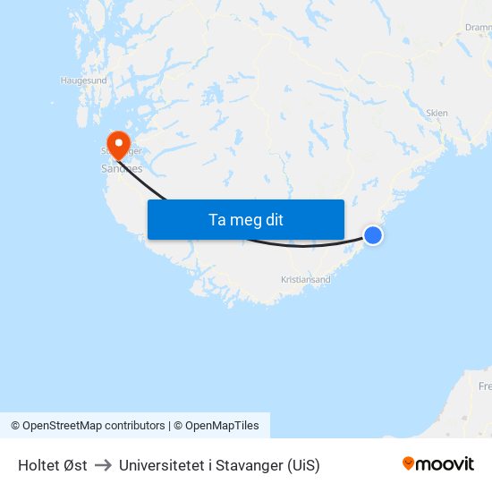 Holtet Øst to Universitetet i Stavanger (UiS) map