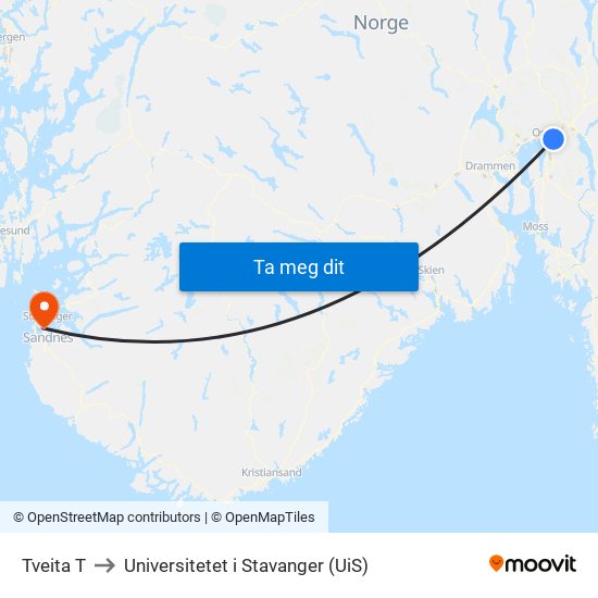 Tveita T to Universitetet i Stavanger (UiS) map