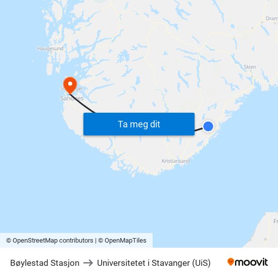 Bøylestad Stasjon to Universitetet i Stavanger (UiS) map