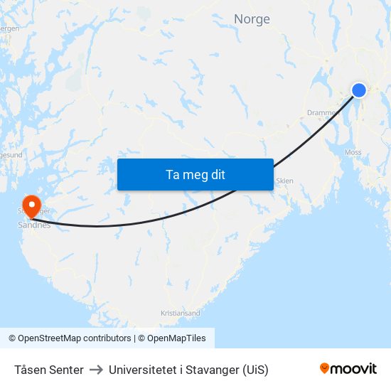 Tåsen Senter to Universitetet i Stavanger (UiS) map