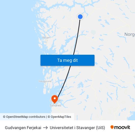 Gudvangen Ferjekai to Universitetet i Stavanger (UiS) map