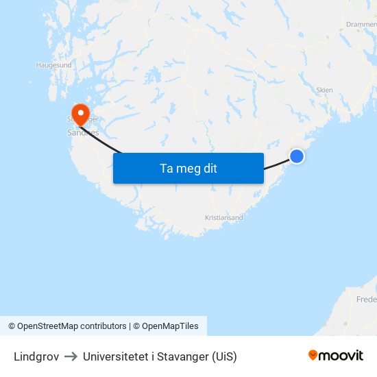 Lindgrov to Universitetet i Stavanger (UiS) map