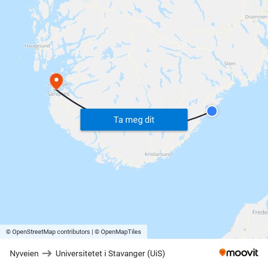 Nyveien to Universitetet i Stavanger (UiS) map