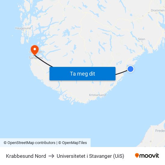 Krabbesund Nord to Universitetet i Stavanger (UiS) map