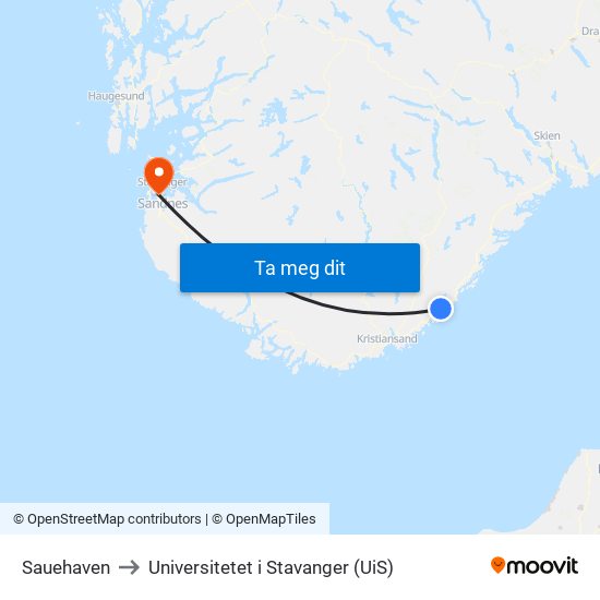 Sauehaven to Universitetet i Stavanger (UiS) map