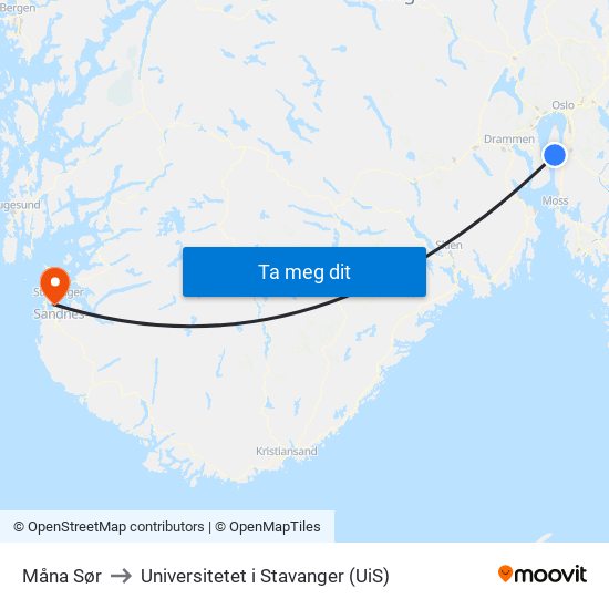 Måna Sør to Universitetet i Stavanger (UiS) map