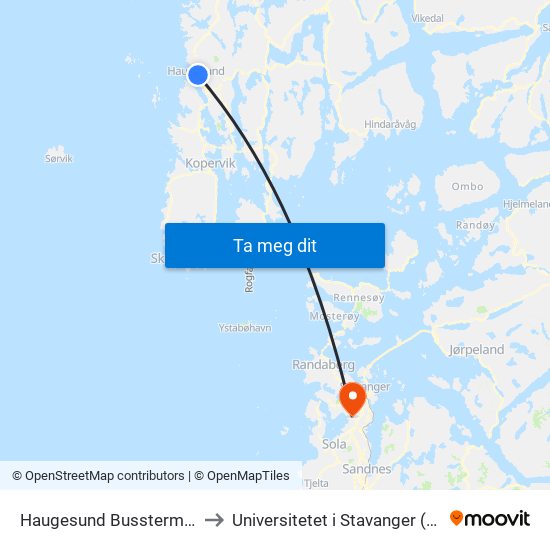 Haugesund Bussterminal to Universitetet i Stavanger (UiS) map