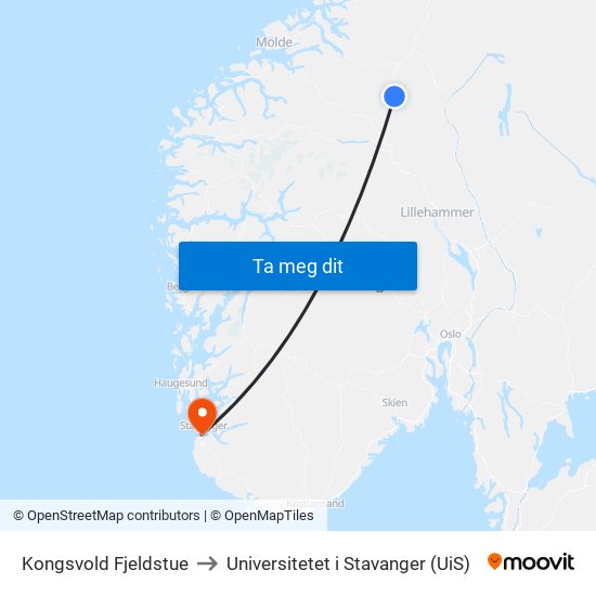 Kongsvold Fjeldstue to Universitetet i Stavanger (UiS) map