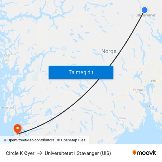Circle K Øyer to Universitetet i Stavanger (UiS) map