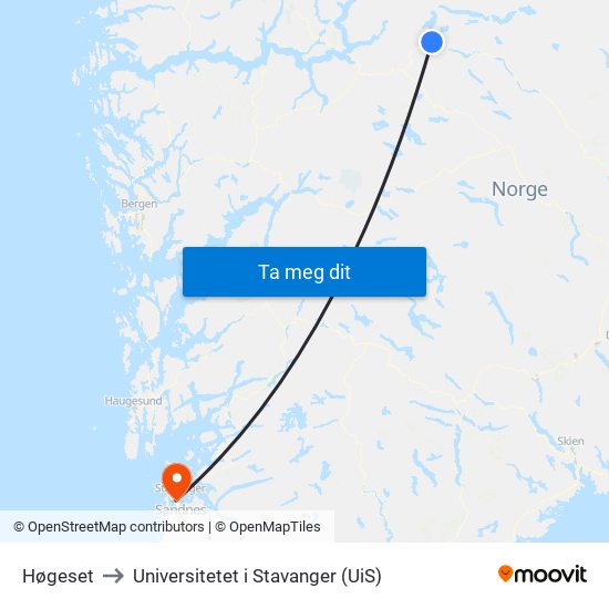 Høgeset to Universitetet i Stavanger (UiS) map