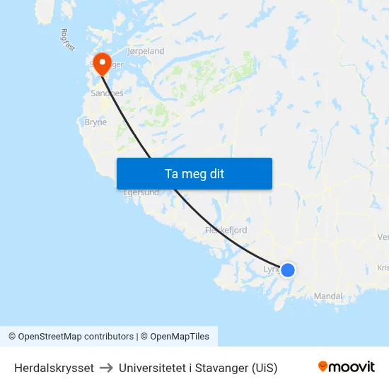 Herdalskrysset to Universitetet i Stavanger (UiS) map