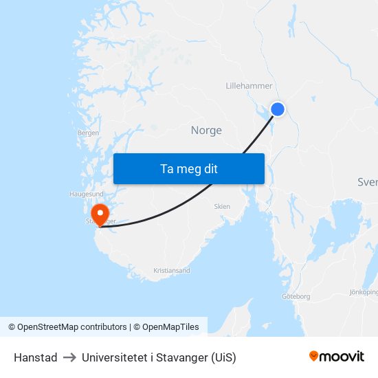 Hanstad to Universitetet i Stavanger (UiS) map