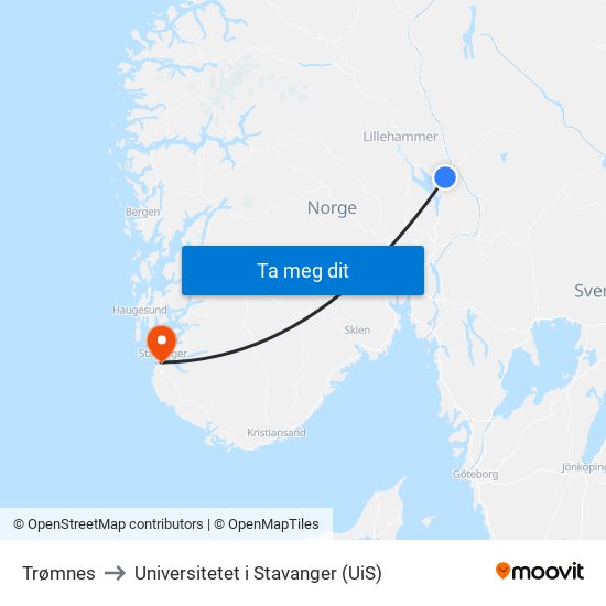 Trømnes to Universitetet i Stavanger (UiS) map
