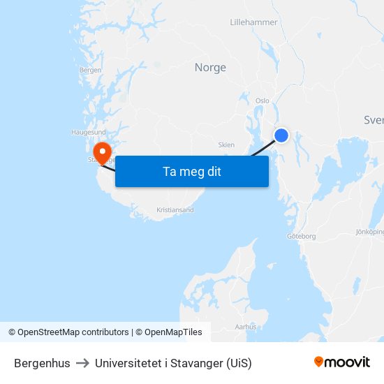 Bergenhus to Universitetet i Stavanger (UiS) map