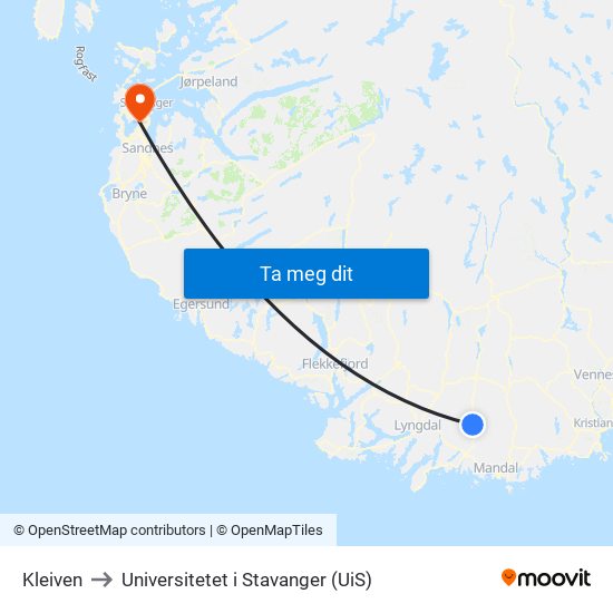Kleiven to Universitetet i Stavanger (UiS) map