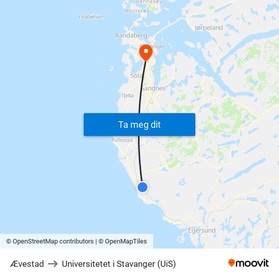 Ævestad to Universitetet i Stavanger (UiS) map