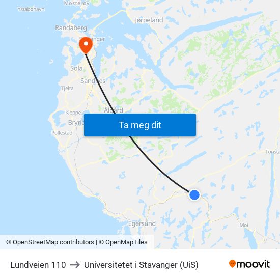 Lundveien 110 to Universitetet i Stavanger (UiS) map