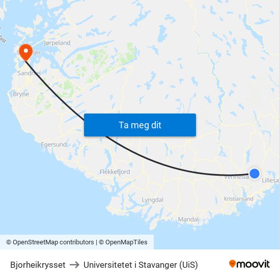 Bjorheikrysset to Universitetet i Stavanger (UiS) map