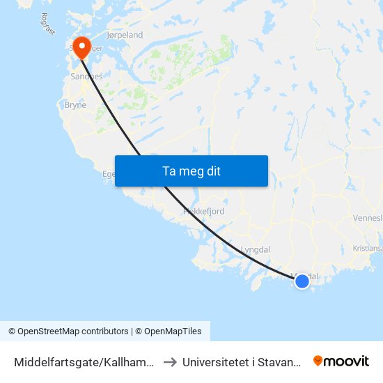 Middelfartsgate/Kallhammerveien to Universitetet i Stavanger (UiS) map