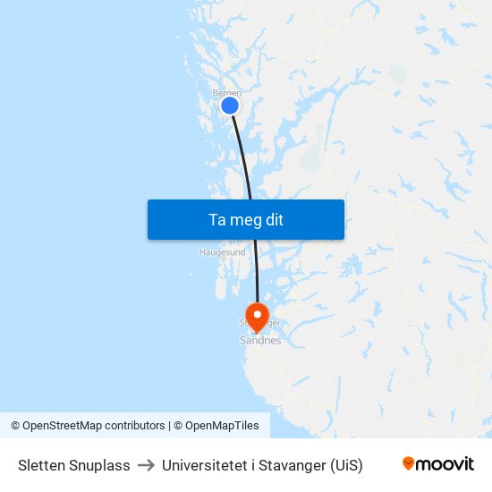 Sletten Snuplass to Universitetet i Stavanger (UiS) map