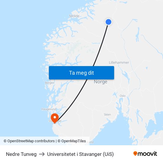 Nedre Tunveg to Universitetet i Stavanger (UiS) map
