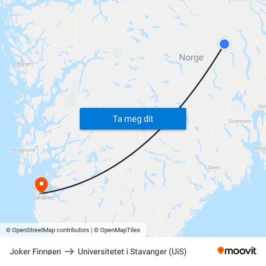 Joker Finnøen to Universitetet i Stavanger (UiS) map