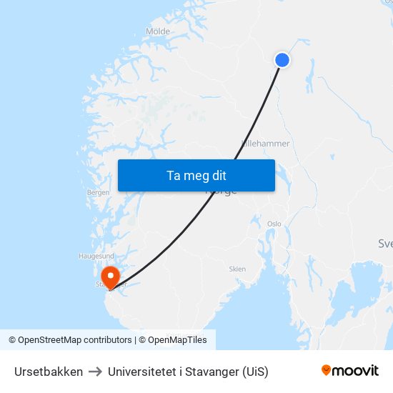 Ursetbakken to Universitetet i Stavanger (UiS) map